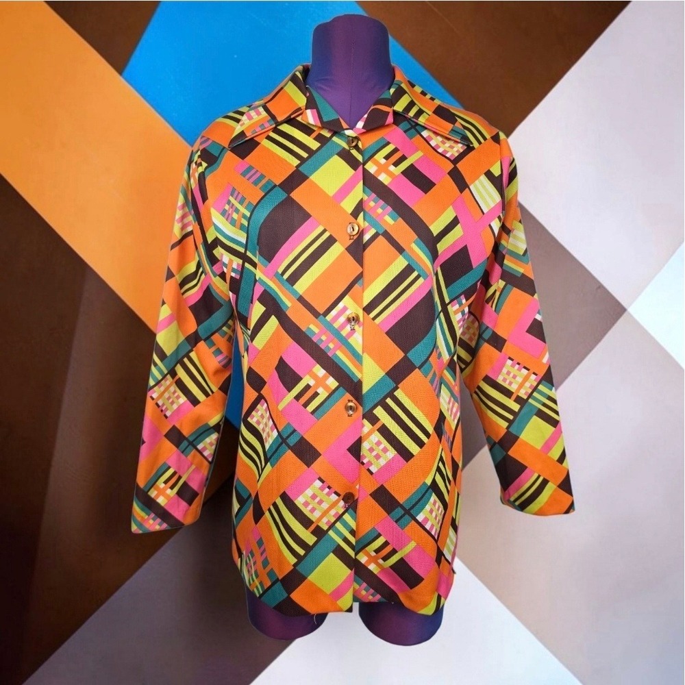 Vintage 70s Geometric Plaid Button Up Shirt Orange Pink Dagger Collar Blouse